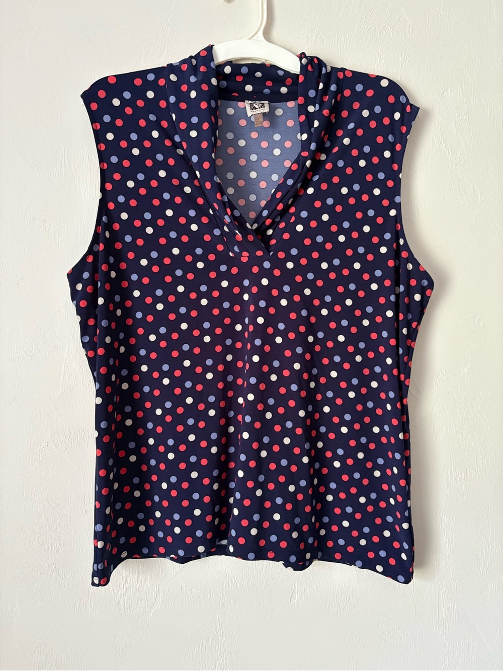 Anne Klein Navy Sleeveless V-Neck Top with Red and Light Blue Polka Dots